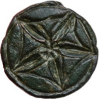 MEDIEVAL BRONZE STAMP Late Medieval period. Bronze cast Mould with representation of sea urchin or five-pointed star on the flat side. Long square-sha...