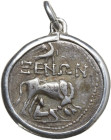 MEDAL WITH AN ANCIENT COIN Modern bezel, ancient coin. Silver medal made of a drachm of Dyrrhachion. Diameter: 20 mm. D/ Cow suckling calf left. R/ Do...