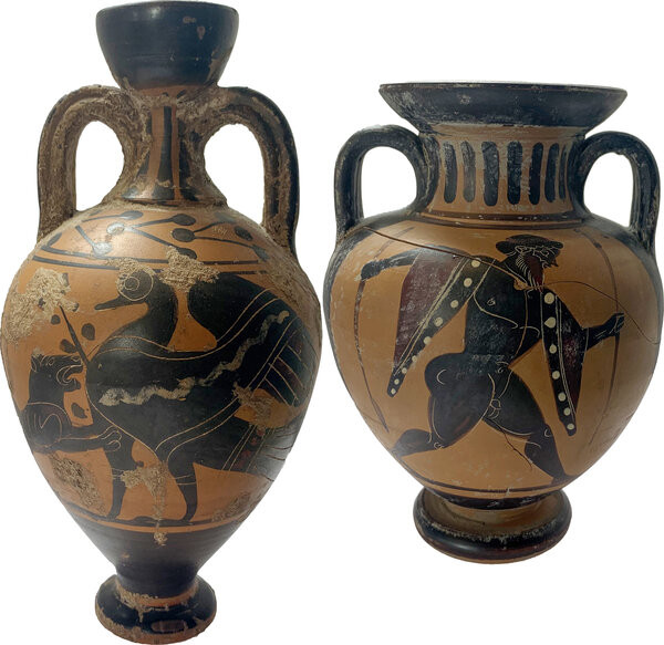 TWO MODERN AMPHORAE 20th century. Lot of two (2) modern Greek-style amphorae; on...