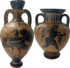 TWO MODERN AMPHORAE 20th century. Lot of two (2) modern Greek-style amphorae; one decorated with a running figure on the right (possibly a Potnia Ther...