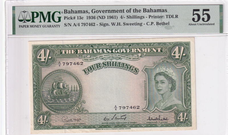 Bahamas, 4 Shillings, 1961, AUNC, p13c

PMG 55, Rare

Estimate: USD 600-1200