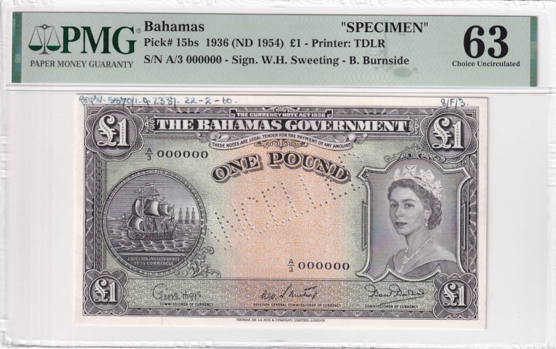 Bahamas, 1 Pound, 1936, UNC, p15bs, SPECIMEN

PMG 63, Very Rare

Estimate: U...