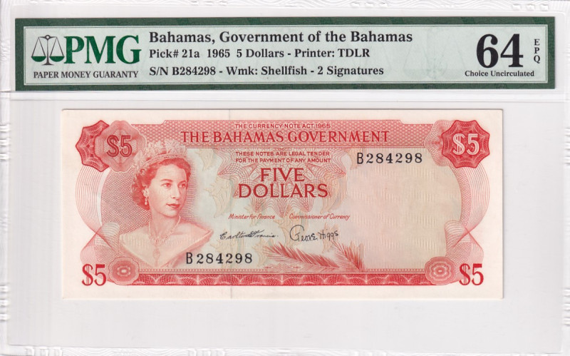 Bahamas, 5 Dollars, 1965, UNC, p21a

PMG 64 EPQ

Estimate: USD 450-900