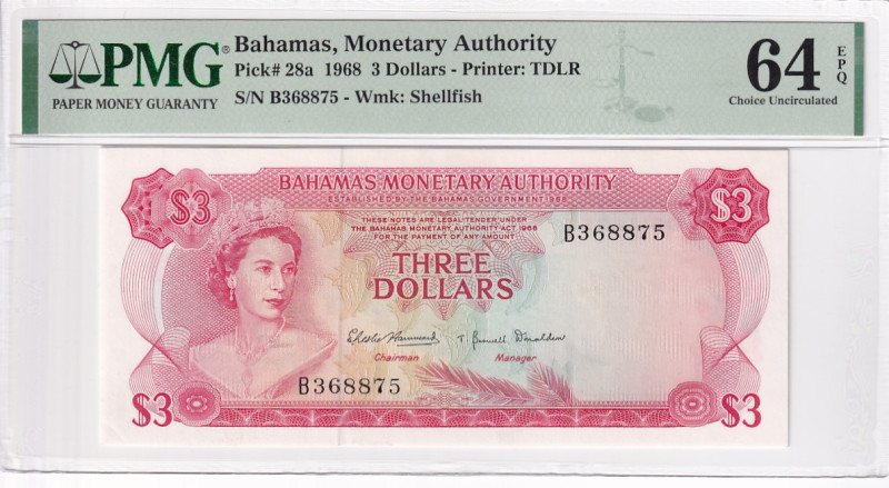 Bahamas, 3 Dollars, 1968, UNC, p28a

PMG 64 EPQ

Estimate: USD 125-250