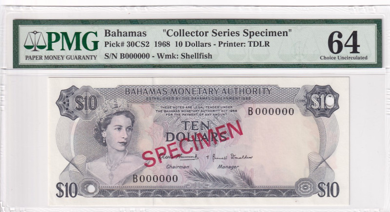 Bahamas, 10 Dollars, 1968, UNC, P30cs2, SPECIMEN

PMG 64, Collector Series

...
