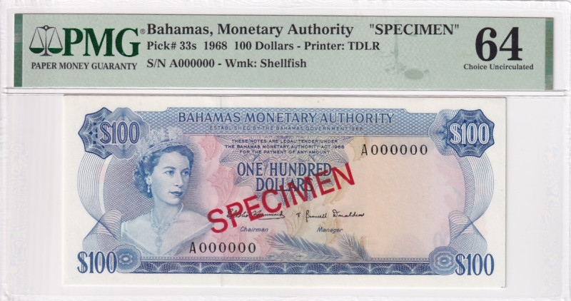 Bahamas, 100 Dollars, 1968, UNC, p33s, SPECIMEN

PMG 64, 10th highest rated ba...