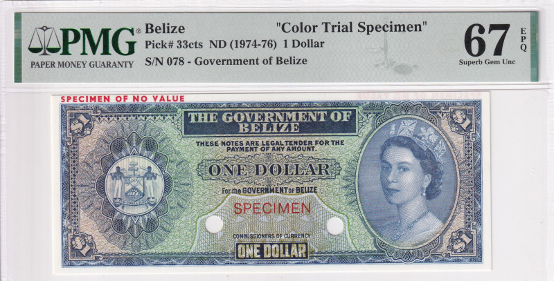 Belize, 1 Dollar, 1974/1976, UNC, p33cts, SPECIMEN

PMG 67 EPQ, Color trial sp...