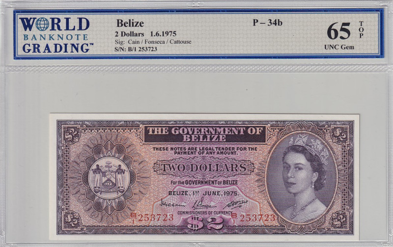 Belize, 2 Dollars, 1975, UNC, p34b

PMG 64 EPQ

Estimate: USD 250-500