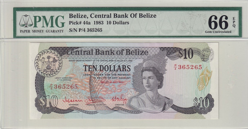 Belize, 10 Dollars, 1983, UNC, p44a

PMG 66 EPQ, 17th highest rated banknote c...