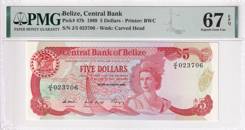 Belize, 5 Dollars, 1989, UNC, p47b

PMG 67 EPQ, High condition , 2nd highest r...