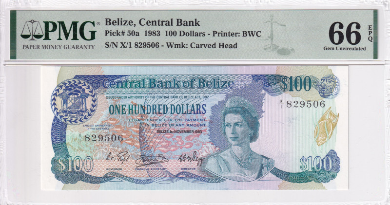 Belize, 100 Dollars, 1983, UNC, p50a

PMG 66 EPQ, 18th highest rated banknote ...