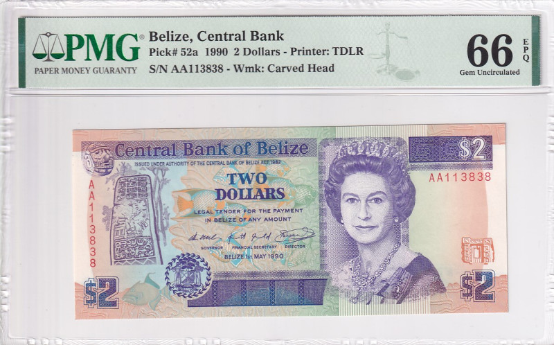 Belize, 2 Dollars, 1990, UNC, p52a

PMG 66 EPQ, "AA" First Prefix

Estimate:...