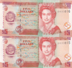 Belize, 5 Dollars, 2020, UNC, p67h, (Total 2 consecutive Banknotes)