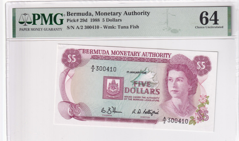 Bermuda, 5 Dollars, 1988, UNC, p29d

PMG 64, 24th highest rated banknote certi...