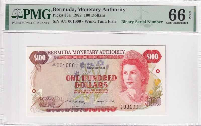 Bermuda, 100 Dollars, 1982, UNC, p33a

PMG 66 EPQ, Very Rare, 5th highest rate...