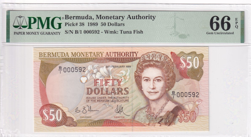 Bermuda, 50 Dollars, 1989, UNC, p38

PMG 66 EPQ, First 1000 serial numbers, ra...