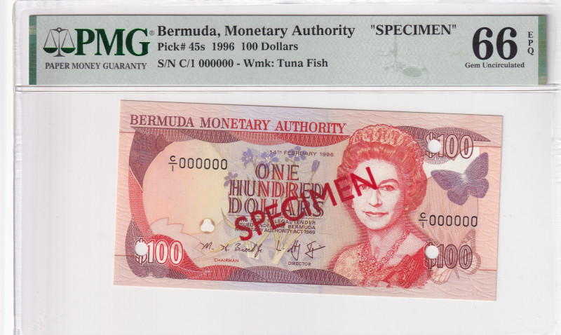 Bermuda, 100 Dollars, 1996, UNC, p45s, SPECIMEN

PMG 66 EPQ, TOP POP, (The hig...