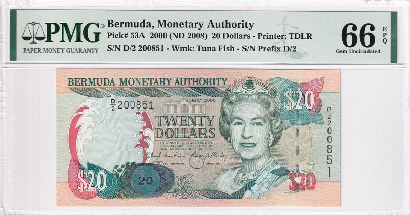 Bermuda, 20 Dollars, 2000, UNC, p53a

PMG 66 EPQ, 7th highest rated banknote c...