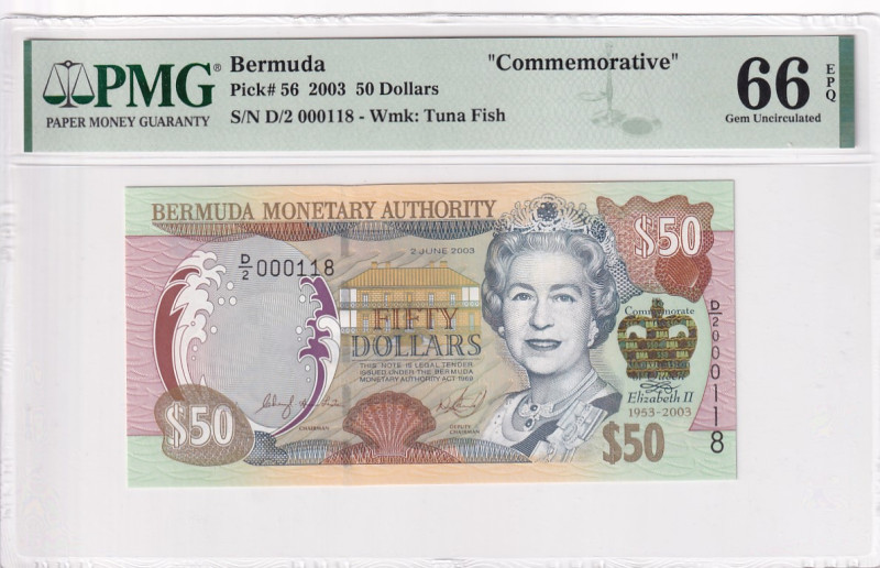 Bermuda, 50 Dollars, 2003, UNC, p356a

PMG 66 EPQ, Commemorative banknote

E...