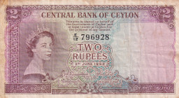 Ceylon, 2 Rupees, 1952, VF(-), p50a