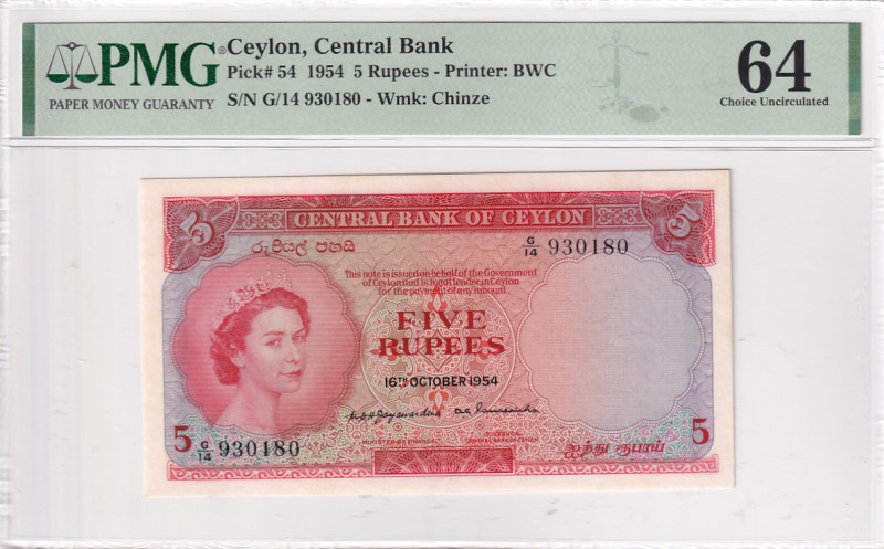 Ceylon, 5 Rupees, 1954, UNC, p54

PMG 64, Very Rare

Estimate: USD 2000-4000