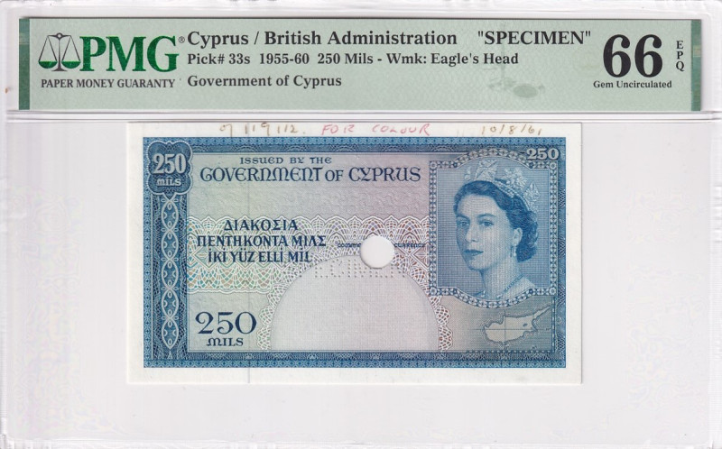 Cyprus, 250 Mils, 1955/1960, UNC, p33s, SPECIMEN

PMG 66 EPQ, Very Rare

Est...