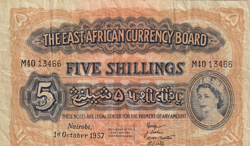East Africa, 5 Shillings, 1957, FINE, p33a

There is a tear up to 2 cm on the ...