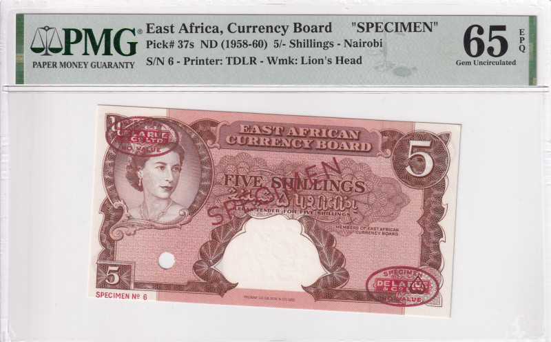 East Africa, 5 Shillings, 1958/1960, UNC, p37s, SPECIMEN

PMG 65 EPQ, Rare

...