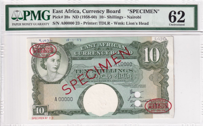 East Africa, 10 Shillings, 1958/1960, UNC, p38s, SPECIMEN

PMG 62, 7th highest...