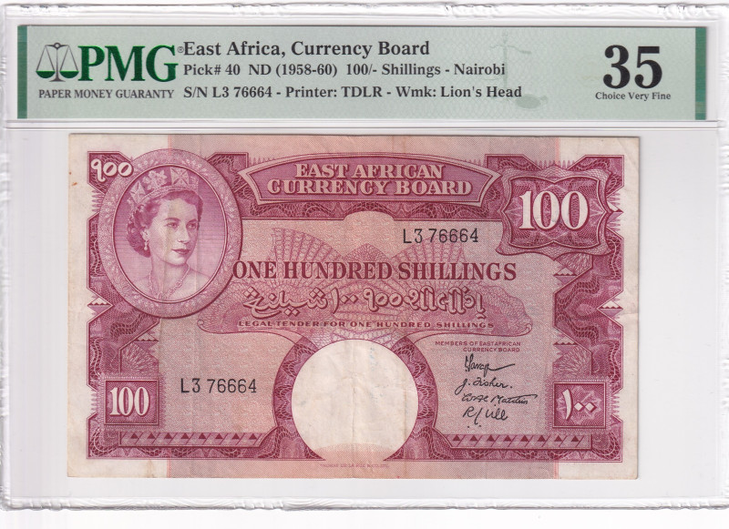East Africa, 100 Shillings, 1958/1960, VF, p40

PMG 35

Estimate: USD 300-60...
