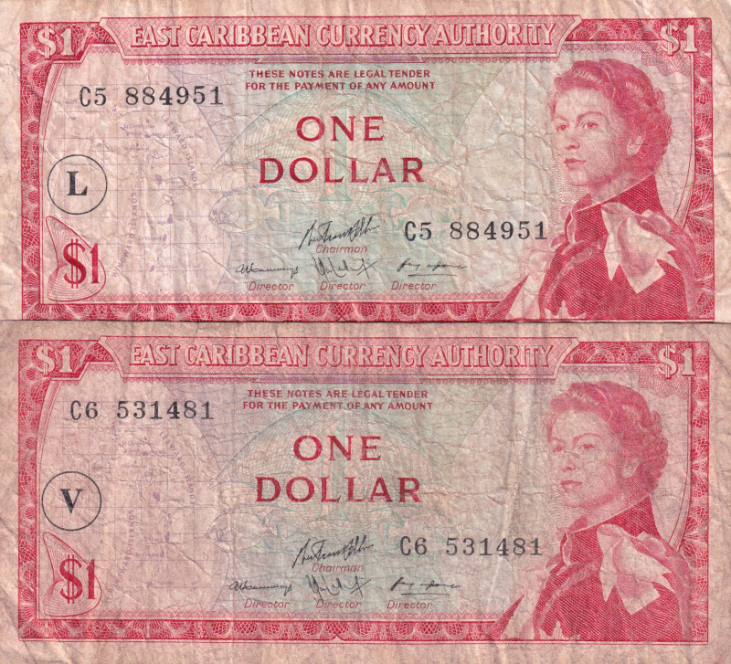 East Caribbean States, 1 Dollar, 1965, FINE(-), p13l, p13o, (Total 2 banknotes)...