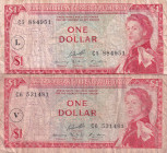 East Caribbean States, 1 Dollar, 1965, FINE(-), p13l, p13o, (Total 2 banknotes)
