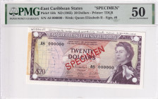 East Caribbean States, 20 Dollars, 1965, AUNC, p15fs, SPECIMEN