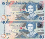 East Caribbean States, 10 Dollars, 2008, UNC, p48, (Total 2 Consecutive Banknotes)