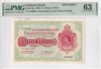 Falkland Islands, 5 Pounds, 1960, UNC, p9as, SPECIMEN