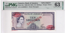 Jamaica, 10 Shillings, 1960, UNC, p50s, SPECIMEN