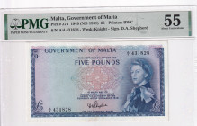 Malta, 5 Pounds, 1949, AUNC, p27a