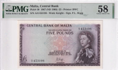 Malta, 5 Pounds, 1967, AUNC, p30