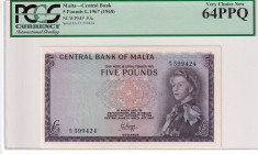 Malta, 5 Pounds, 1968, UNC, p30a