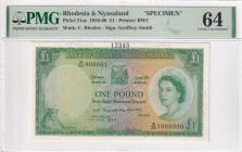 Rhodesia & Nyasaland, 1 Pound, 1957, UNC, p21as, SPECIMEN