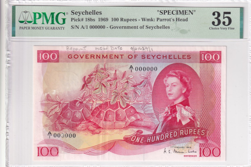 Seychelles, 100 Rupees, 1969, VF, p18bs, SPECIMEN

PMG 35, Very Rare

Estima...