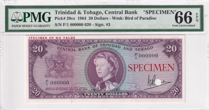 Trinidad & Tobago, 20 Dollars, 1964, UNC, p29cs, SPECIMEN

PMG 66 EPQ

Estim...