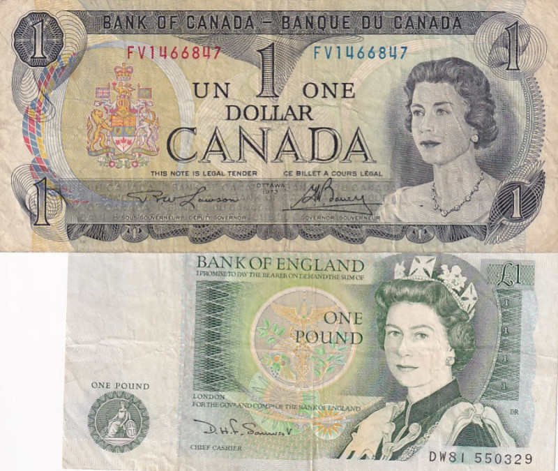 Mix Lot, 1 Dollar-1 Pound, (Total 2 banknotes)

Canada 1 Dollar and Great Brit...