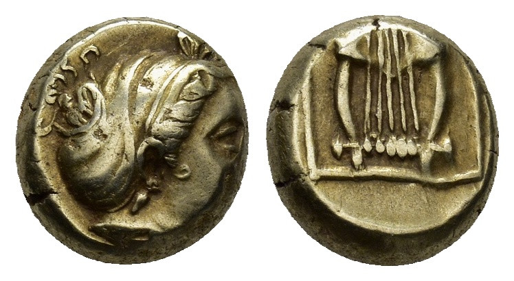 LESBOS. Mytilene. EL Hekte (Circa 412-378 BC). (2.55 Gr. 9mm.)
 Head of muse rig...