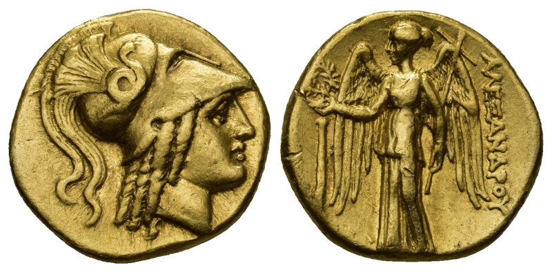 Alexander III AV Stater. (18mm, 8.52 g) Salamis, ca 323-315 BC. Head of Athena r...