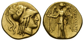 Alexander III AV Stater. (18mm, 8.52 g) Salamis, ca 323-315 BC. Head of Athena right, in crested Corinthian helmet with coiled serpent device on bowl ...