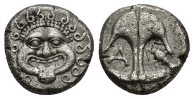 Apollonia Pontika , Thrace. AR Drachm (3.28 Gr. 13mm.), c. 400-350 BC. 
 Facing Gorgoneion. 
Rev. Inverted anchor; A and crayfish in fields.