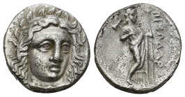 Satraps of Karia, Pixodaros AR Didrachm. (18mm, 6.7 g) Halikarnassos, circa 341/0-336/5 BC. Laureate head of Apollo facing, turned slightly to right /...