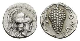 CILICIA, Soloi. Circa 410-375 BC. AR Obol (10mm, 0.63 g) Helmeted head of Athena right. Rev:Grape bunch with tendril;