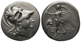 Pamphylia, Side AR Tetradrachm. (28mm, 16.68 g) Circa 205-100 BC. Attic standard. Dein(o)-, magistrate. Helmeted head of Athena right / Nike advancing...